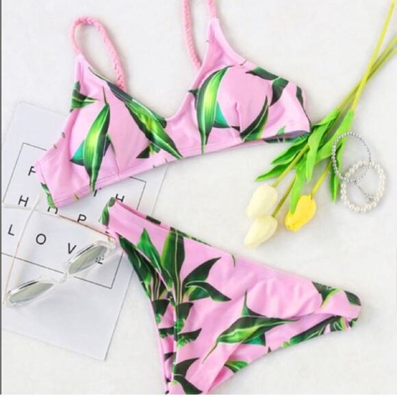 Pink Women’s Bikini Leaf Print Braided Detail Swimsuit Size L - Picture 1 of 4